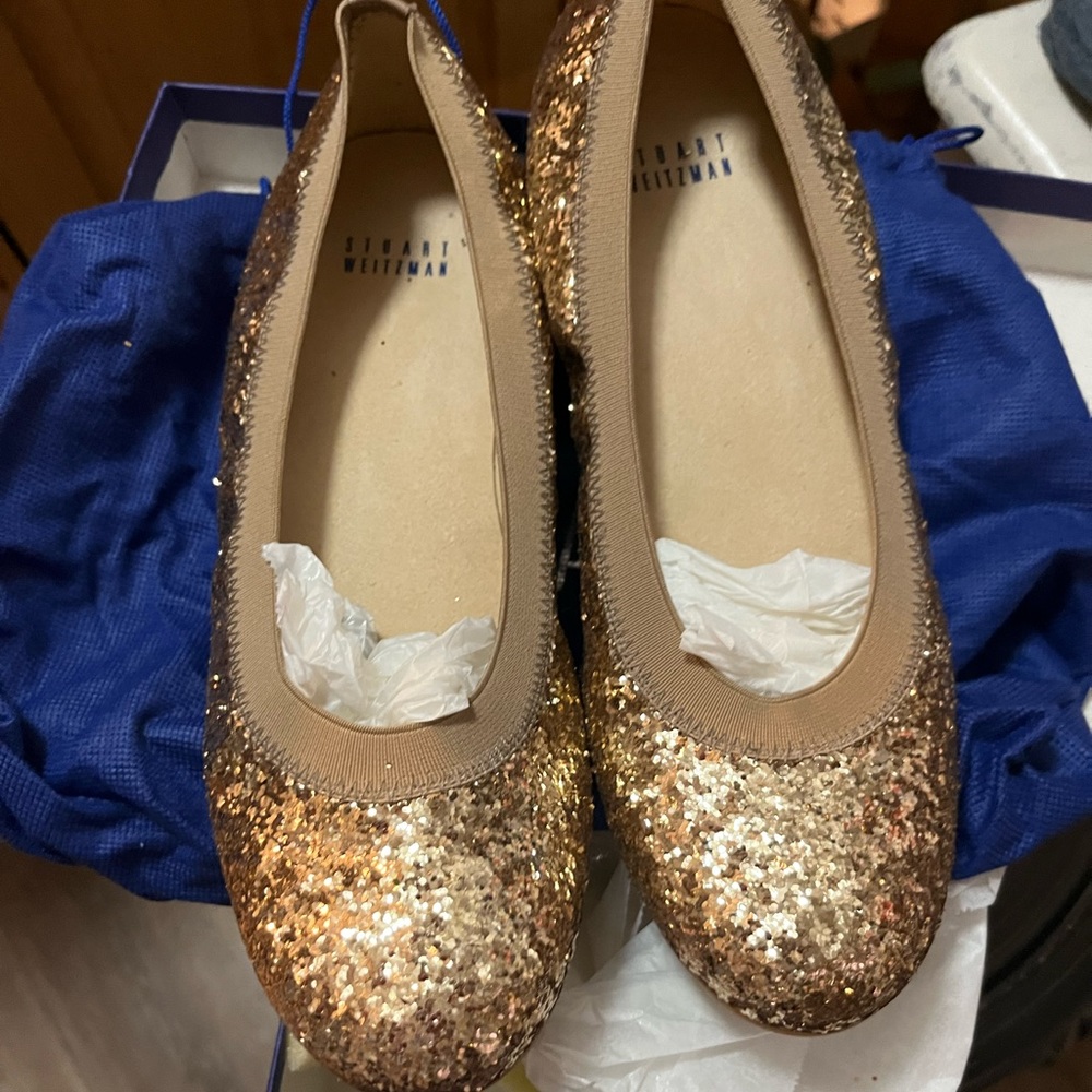 STUART WEITZMAN GOLD GLITTER BALLET SLIPPERS SIZE 8